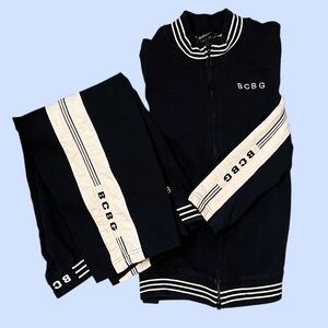 BCBG Max Azria Track Set Sz L 2-pc Jacket & Wide Leg Capri Pants Black Cream VTG